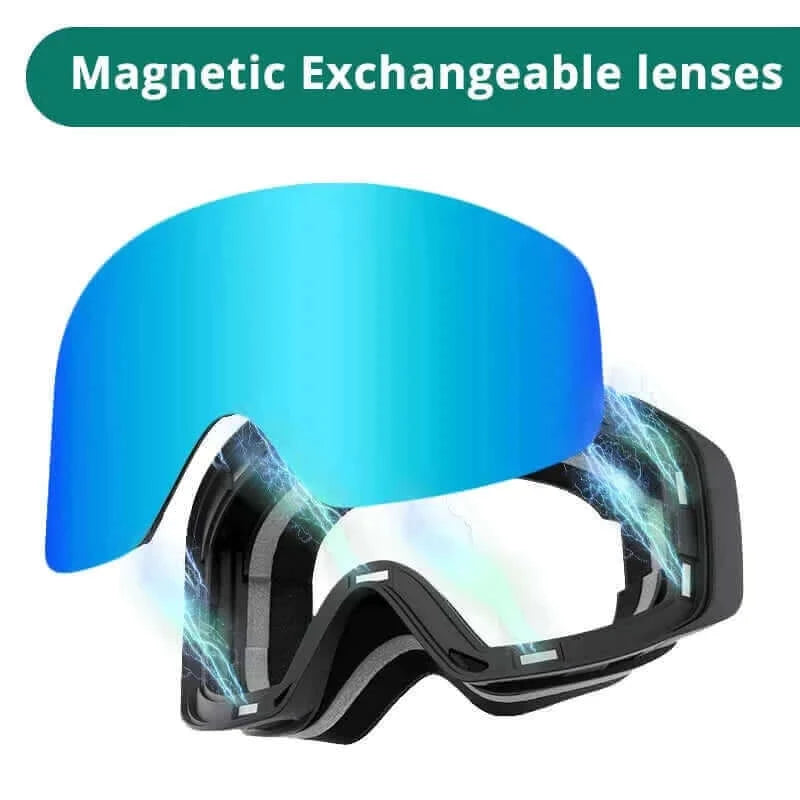 Blue ski goggle with magnetic exchangeable lenses
