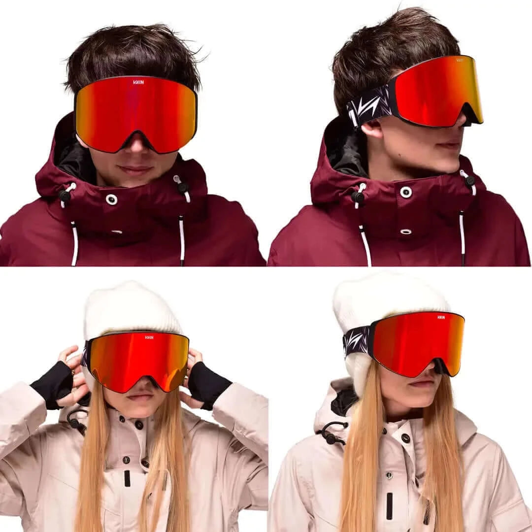 People wearing red mirror ski goggles