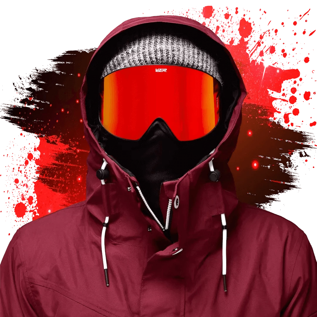Hooded man wearing red mirror ski goggle