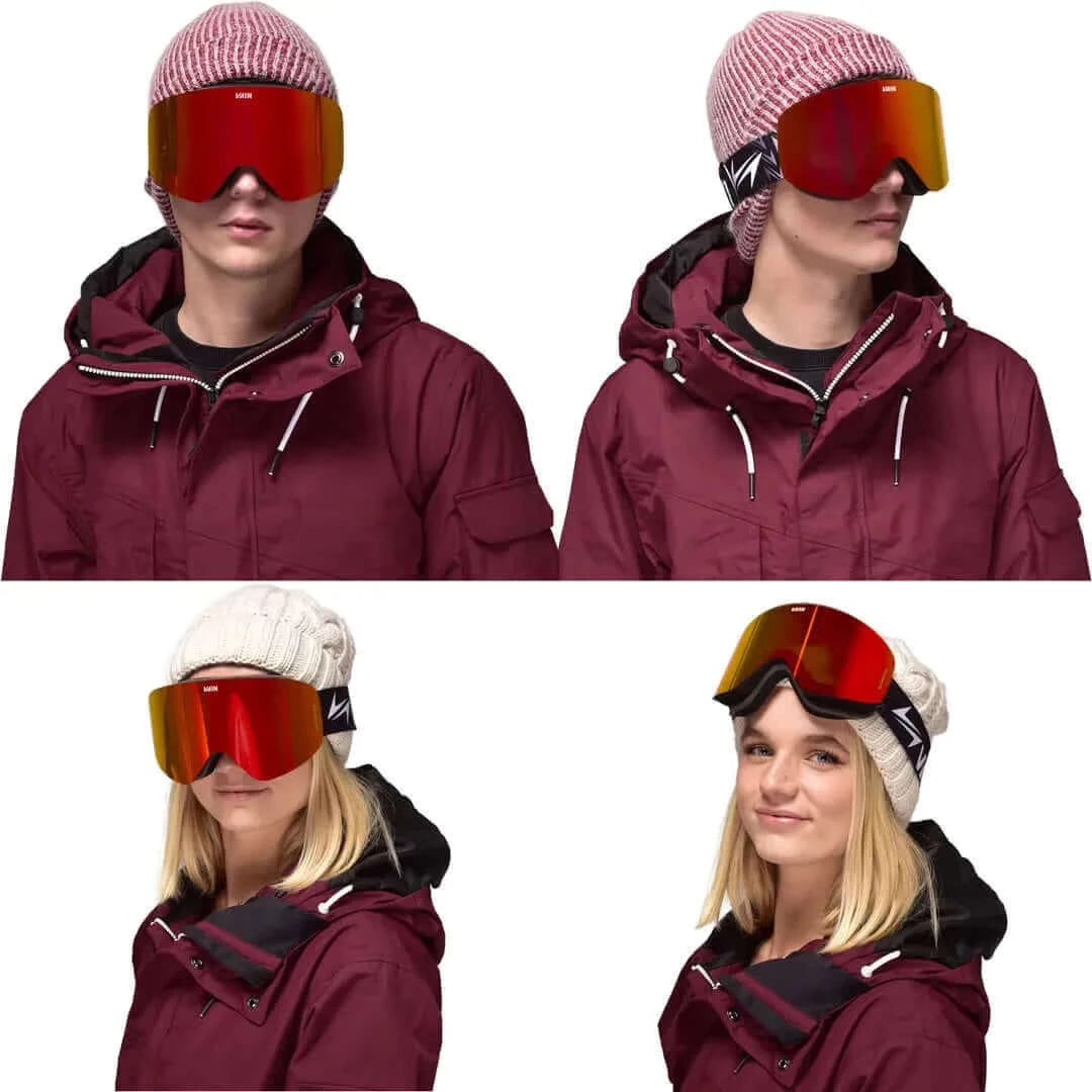 Men & women wearing red mirror ski goggles