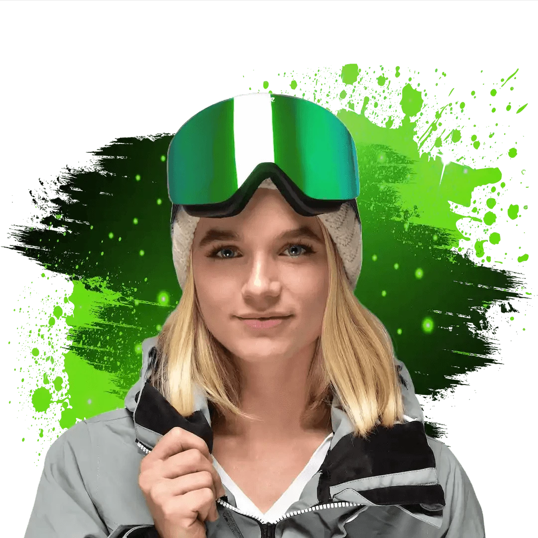 Girl wearing green mirror ski goggles